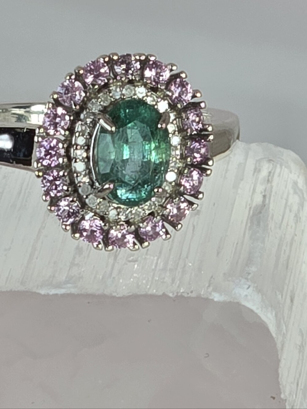 925 Sterling Silver Ring 6.5 with Natural Emerald, Sapphires & Diamonds